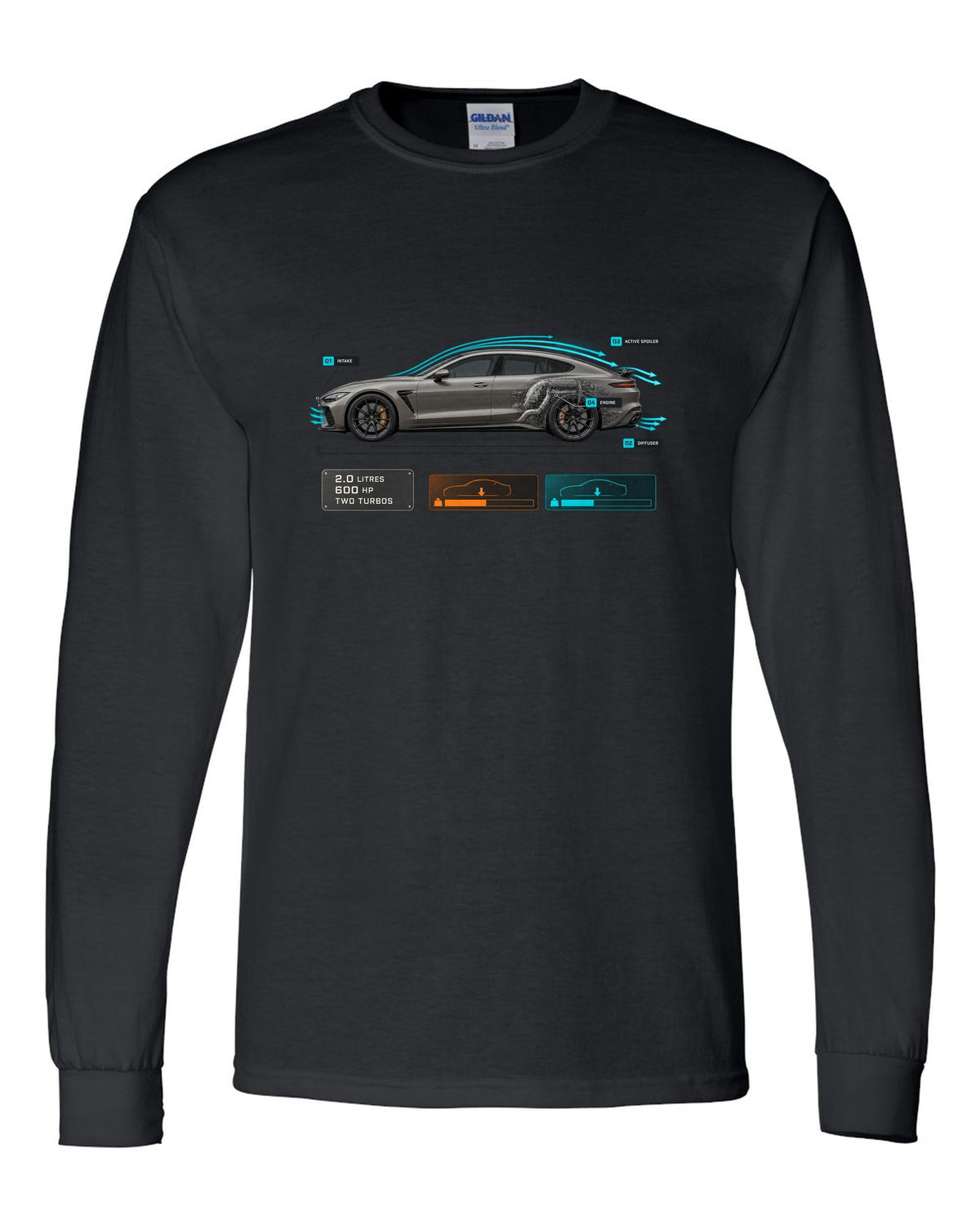 print of the Koenigsegg Gemera with aero callouts and the text 2.0 litres, 600 hp, two turbos black long sleeve front view with the design