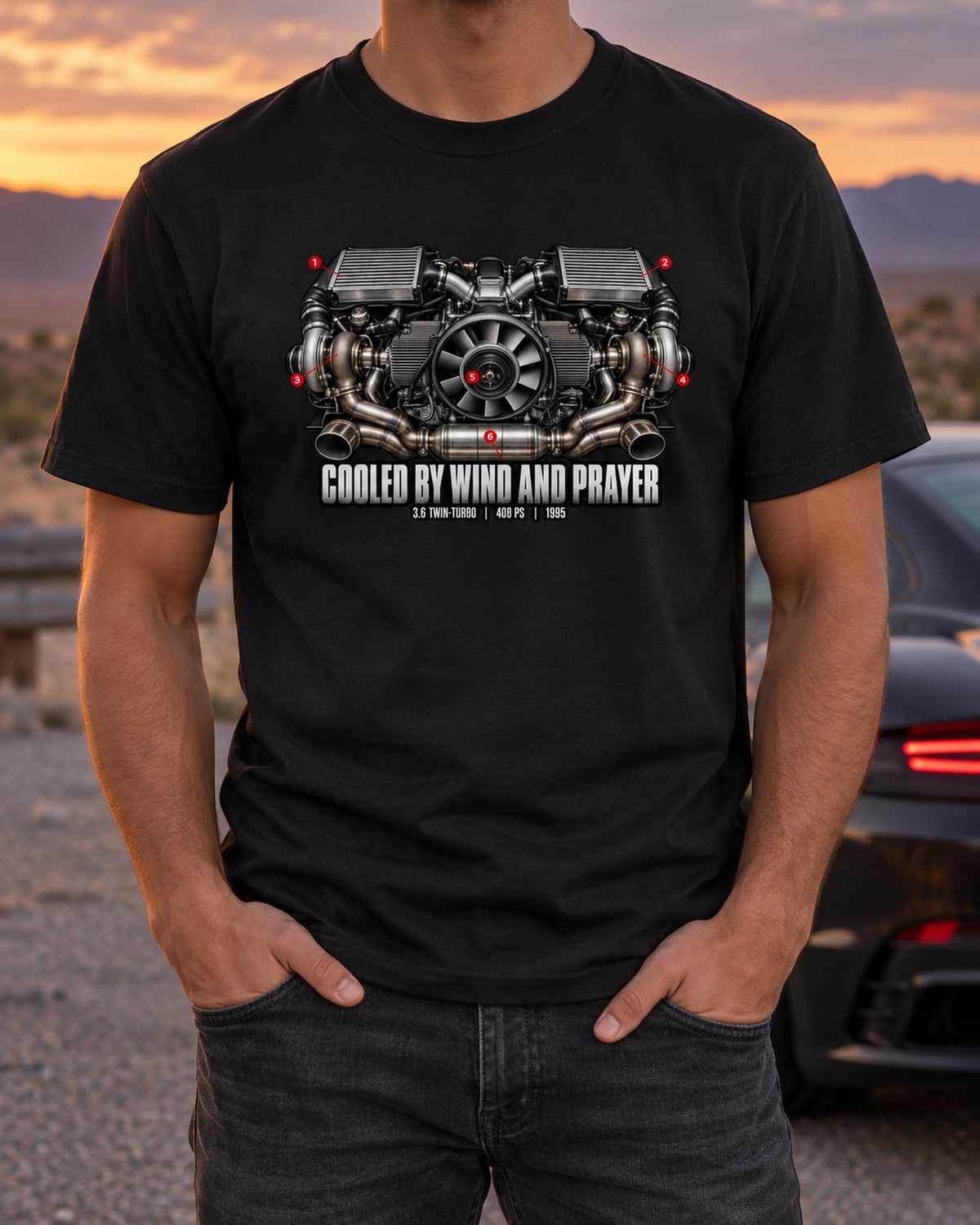 Porsche 911 Turbo 993 Wind And Prayer Engine Shirt, 408 PS T-Shirt Black worn hero