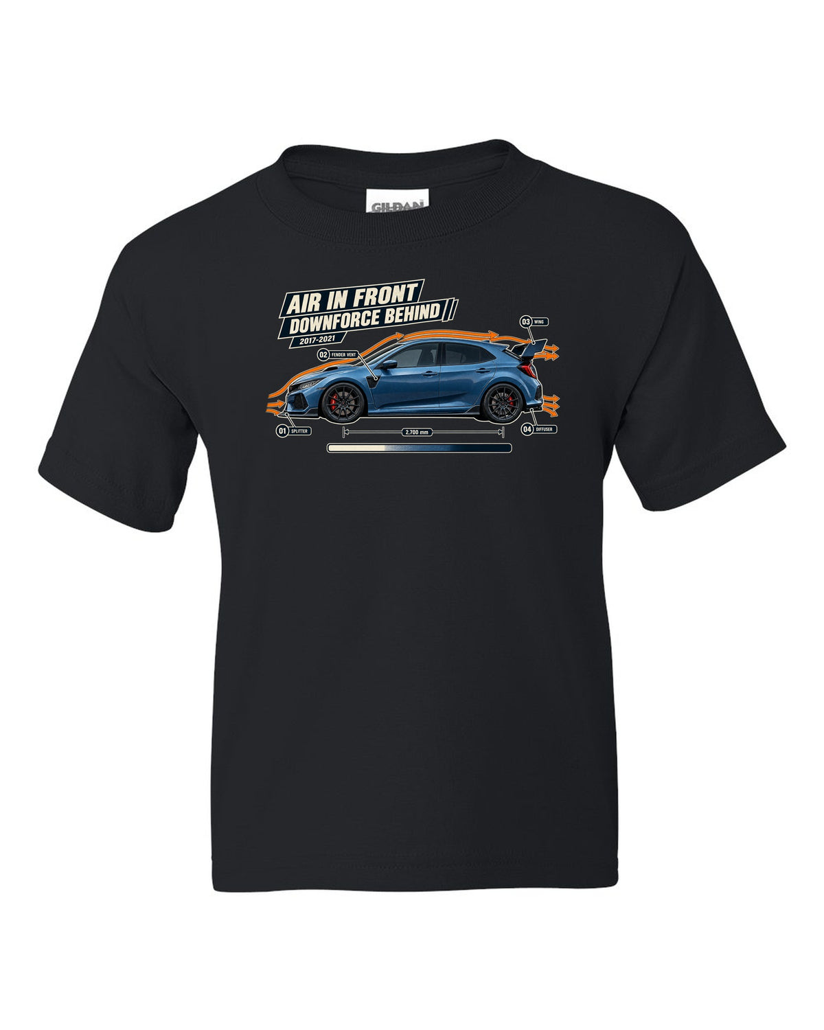 print aero callout drawing of a Boost Blue Honda Civic Type R FK8 black kids tee front view with the design