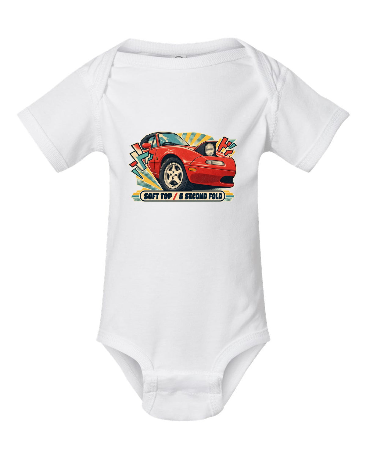 HUD style gauge cluster of a Mazda MX-5 NB with 7K redline text white baby onesie front view with the design