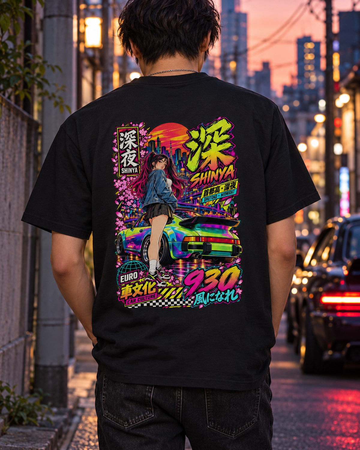 SHINYA 930 Anime Girl Full-Back Graphic Tee T-Shirt Black worn hero
