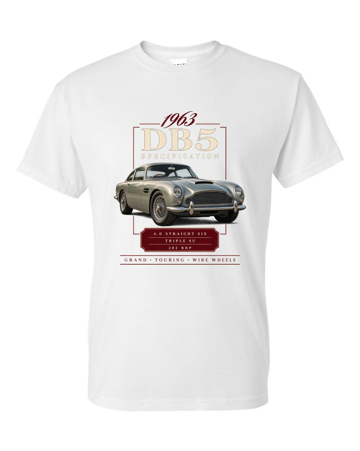 Aston Martin DB5 wire wheel archive specification panel white t-shirt front view with the design