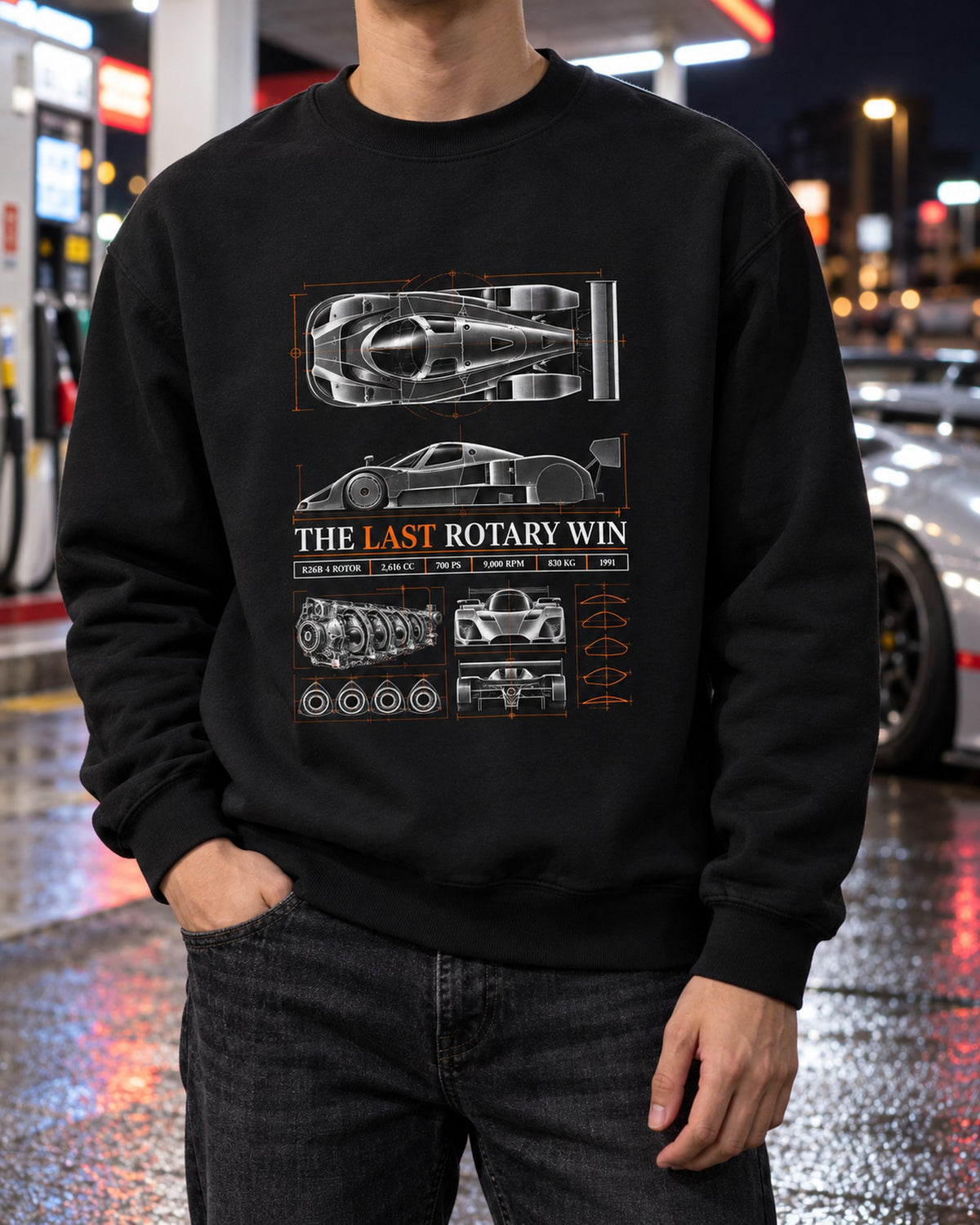 Mazda 787B Last Rotary Win Spec Poster Shirt, 1991 Crewneck Black worn hero