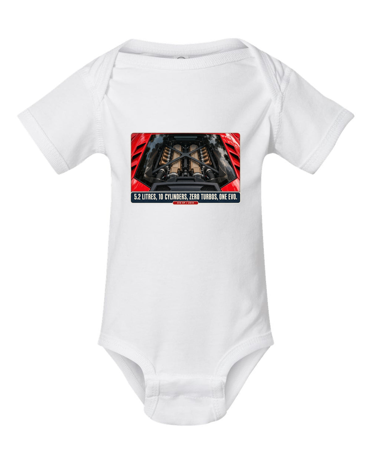 Engine hero print of the Lamborghini Huracan EVO V10 white baby onesie front view with the design