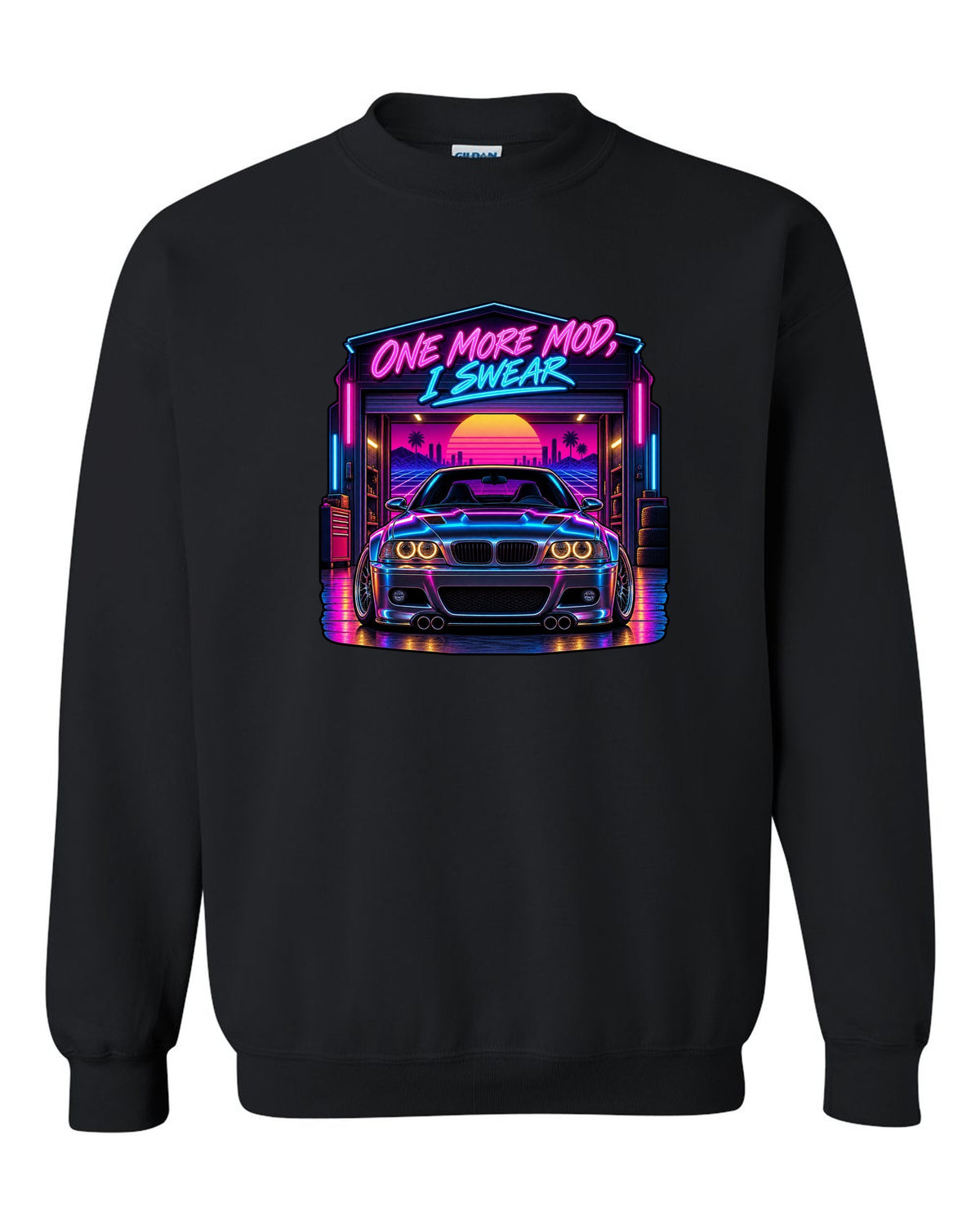 Synthwave outrun print of a BMW E46 M3 coupe with one more mod I swear text black crewneck front view with the design