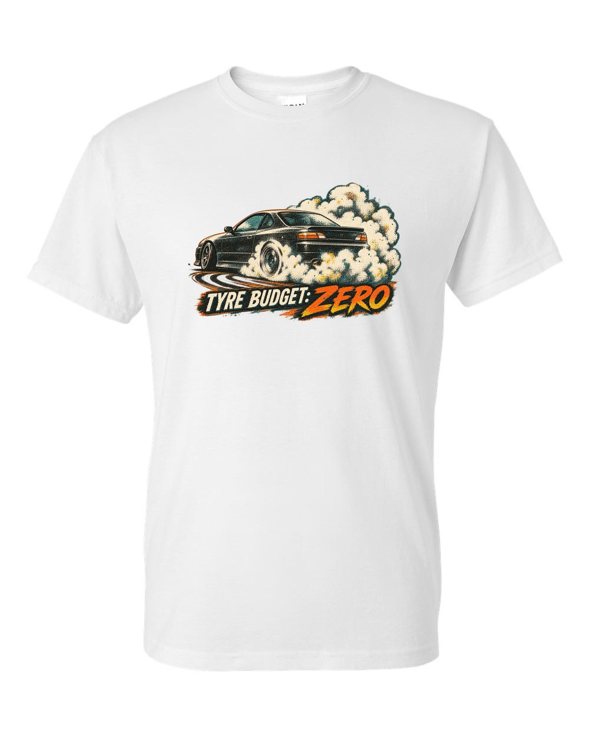 Distressed screenprint print of a 1999 Nissan Silvia S15 with Tyre Budget Zero lettering white t-shirt front view with the design