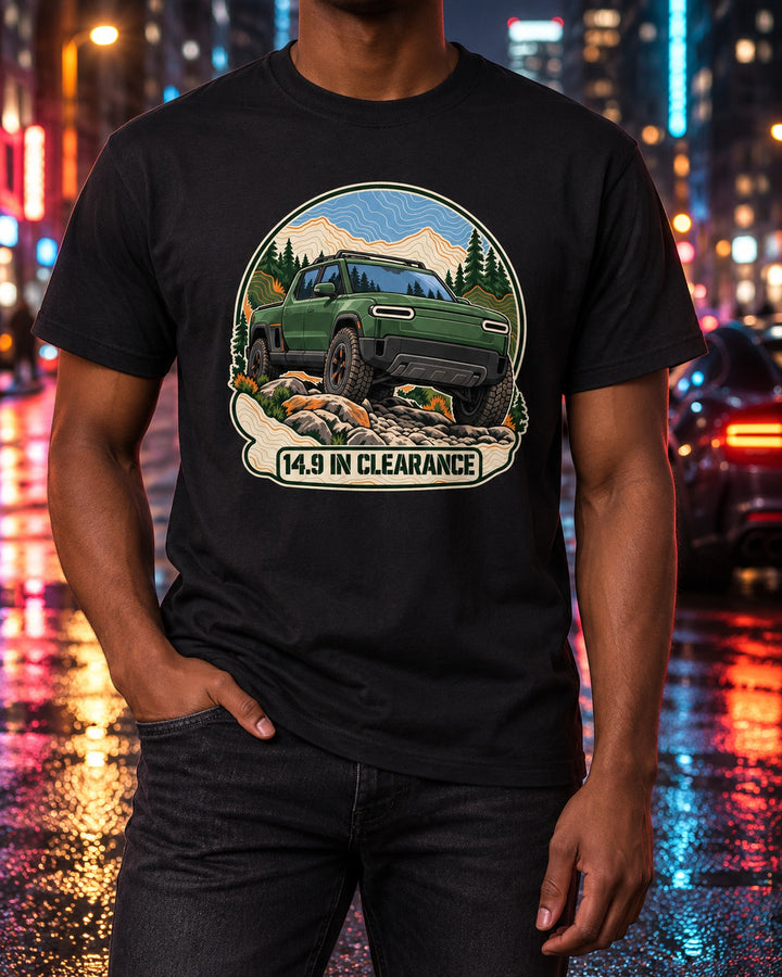 Rivian R1T Trail Contour Map Shirt, 14.9 Inch Clearance T-Shirt Black worn hero