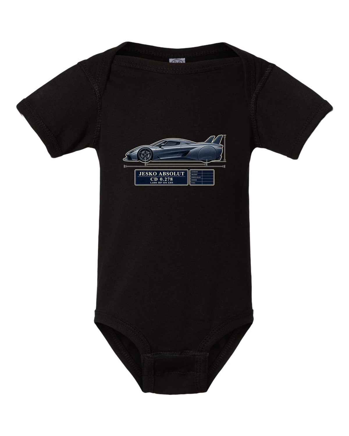 Blueprint drawing of the Koenigsegg Jesko Absolut with twin tail fins and no wing, print black baby onesie front view with the design