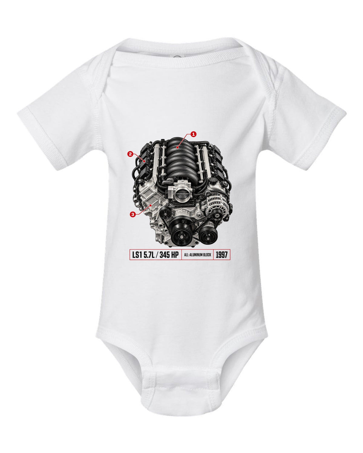 Corvette C5 coupe with LS1 5.7L engine poster print white baby onesie front view with the design