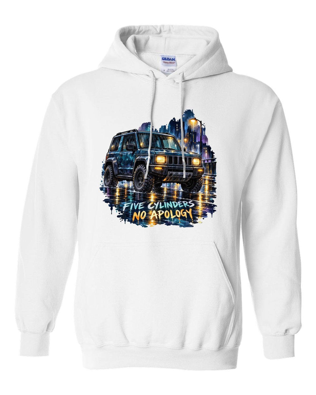 Watercolour wash wet street scene with a 2006-2010 Hummer H3 and FIVE CYLINDERS / NO APOLOGY text white pull over hoodie front view with the design