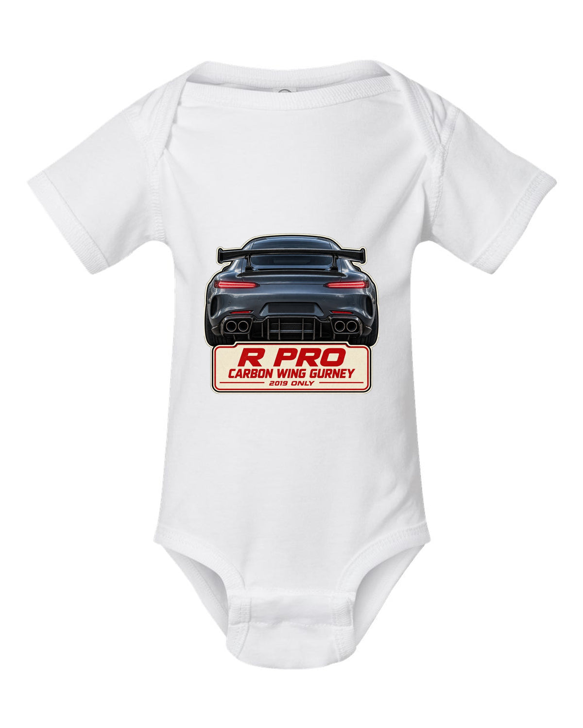 Mercedes-AMG GT R Pro C190 taillight macro print white baby onesie front view with the design