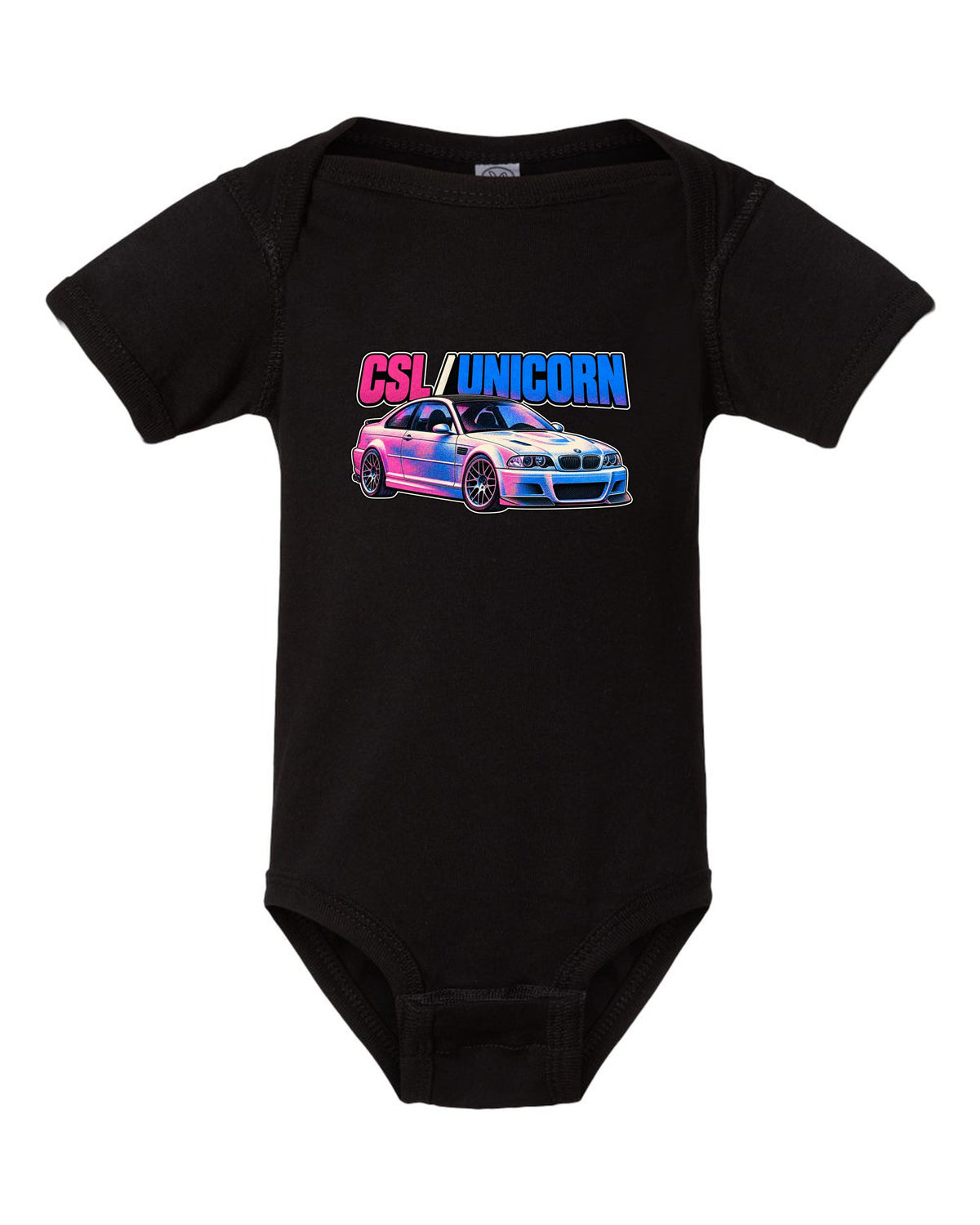 Risograph spot colour print of a BMW E46 M3 CSL with CSL Unicorn text black baby onesie front view with the design