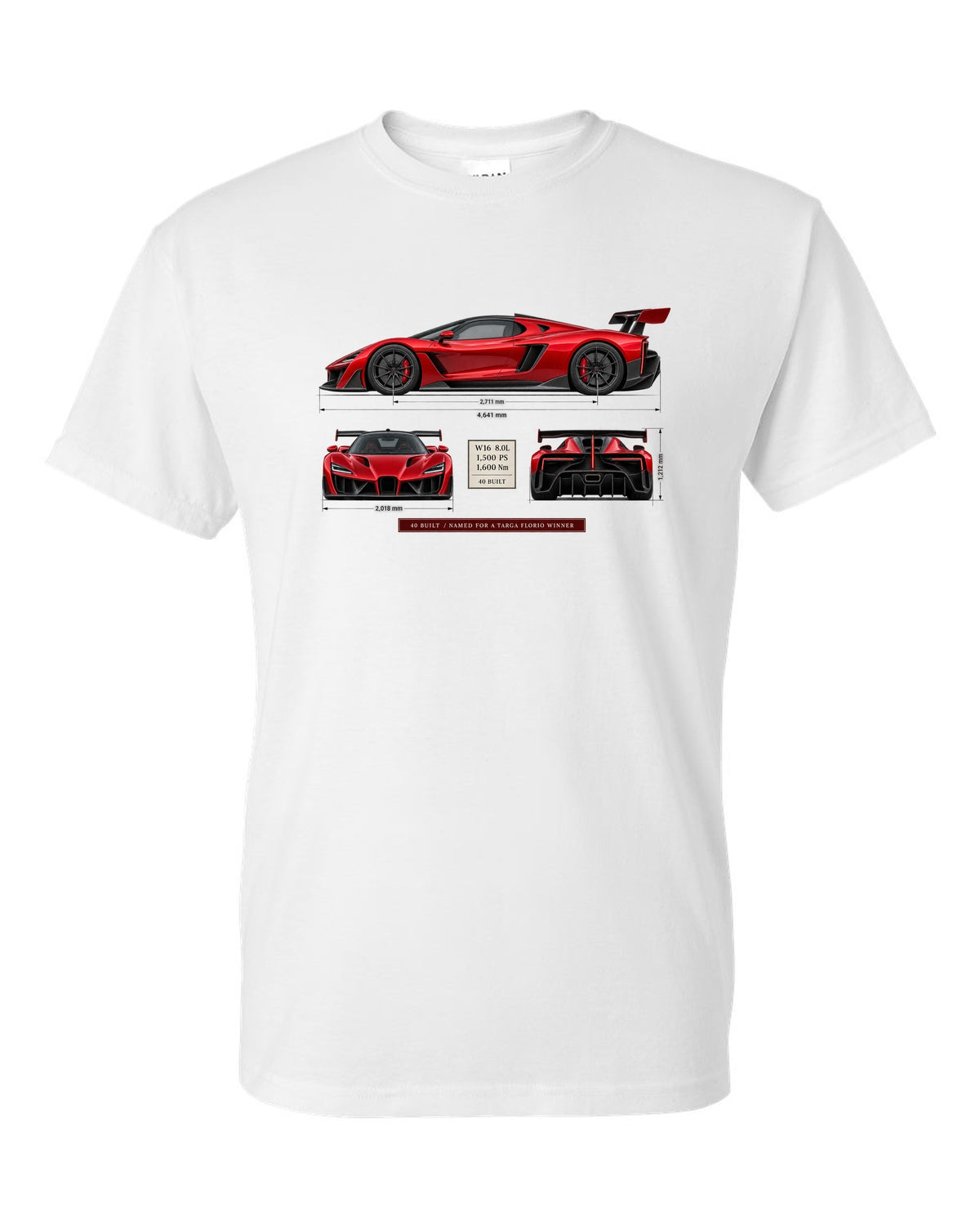 Bugatti Divo three-view print with spec table, 40 built white t-shirt front view with the design