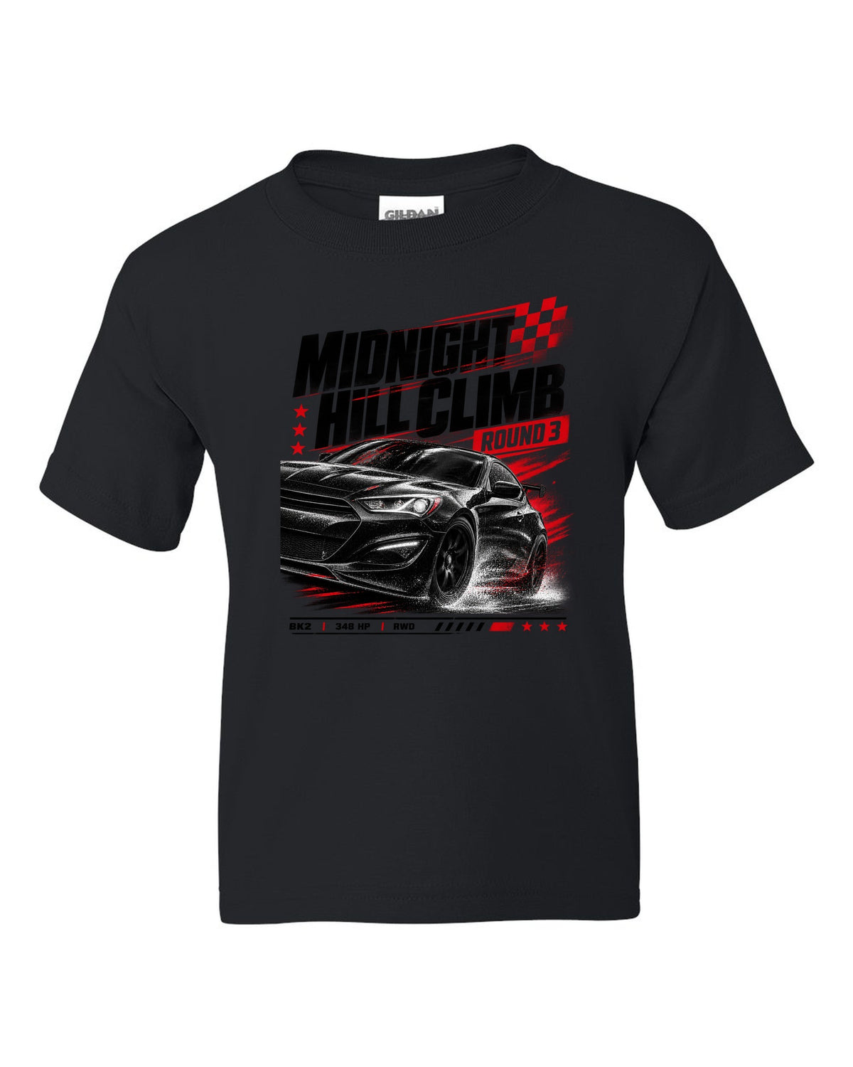 Hyundai Genesis Coupe BK2 midnight hill climb race poster black kids tee front view with the design