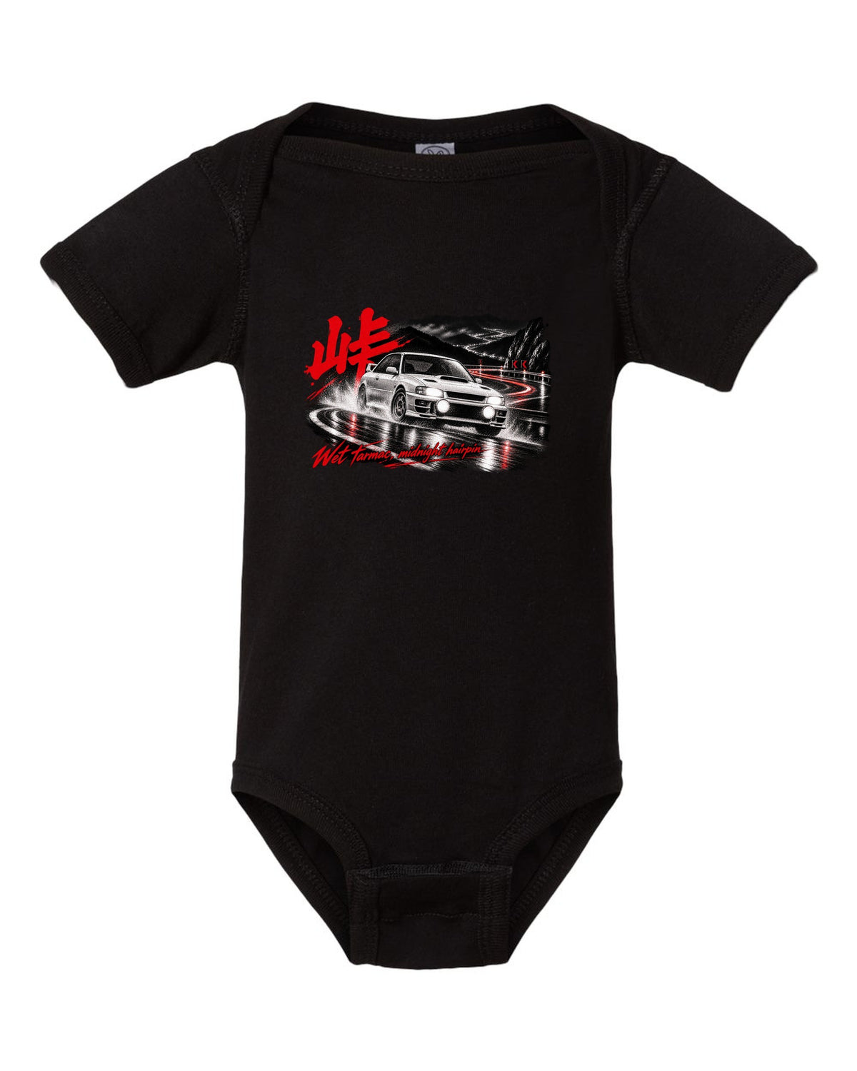 Subaru Impreza WRX GC8 coupe on a wet mountain hairpin at night with touge kanji black baby onesie front view with the design