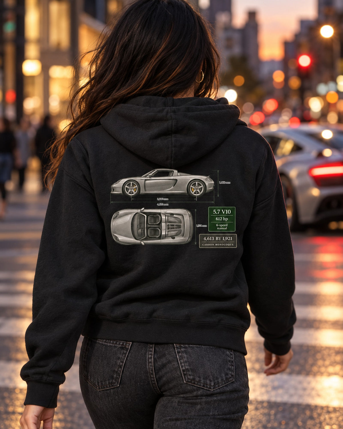 Porsche Carrera GT Top View Blueprint Tee, Carbon Monocoque Zip Hoodie Black worn hero
