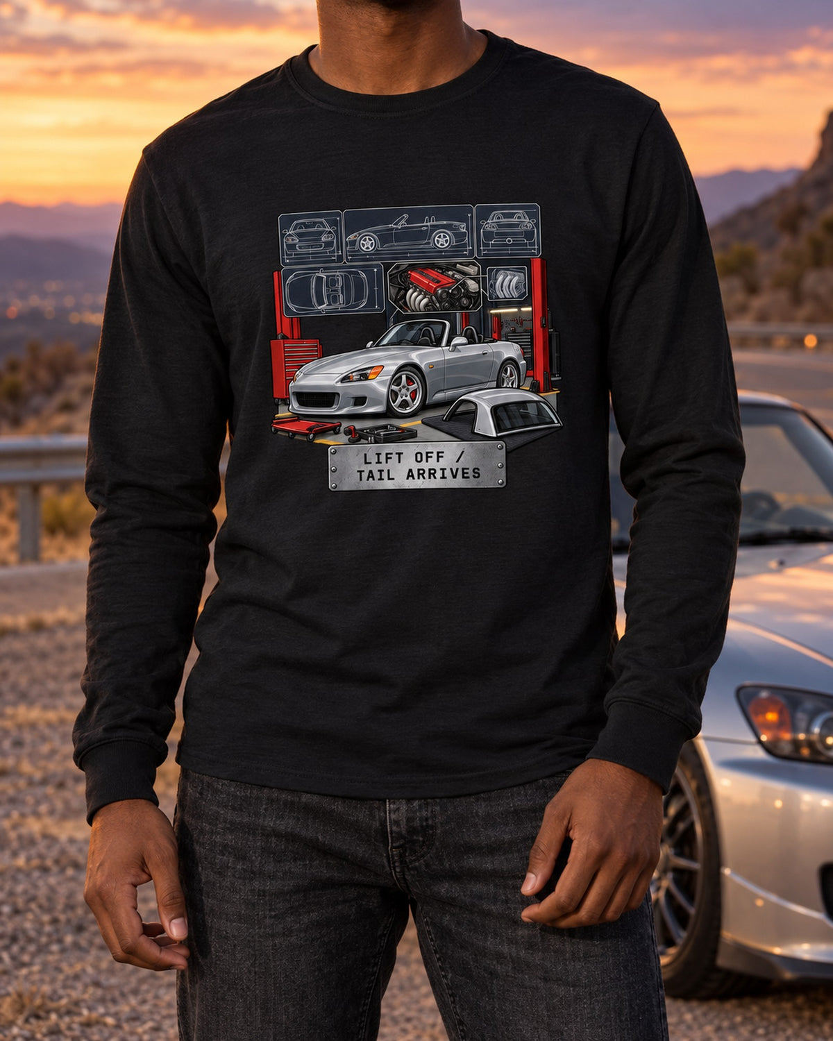 S2000 AP1 Shop Spec Sheet Data Plate Shirt, Lift Off Oversteer Long Sleeve Black worn hero