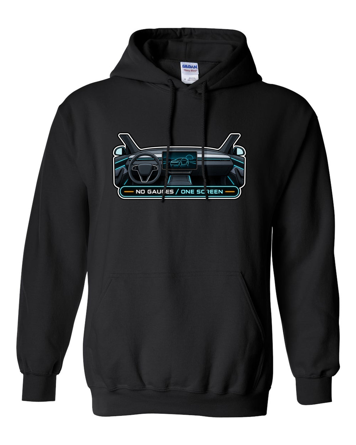 Gauge cluster HUD parody print of a Tesla Model Y Juniper reading No Gauges One Screen black pull over hoodie front view with the design