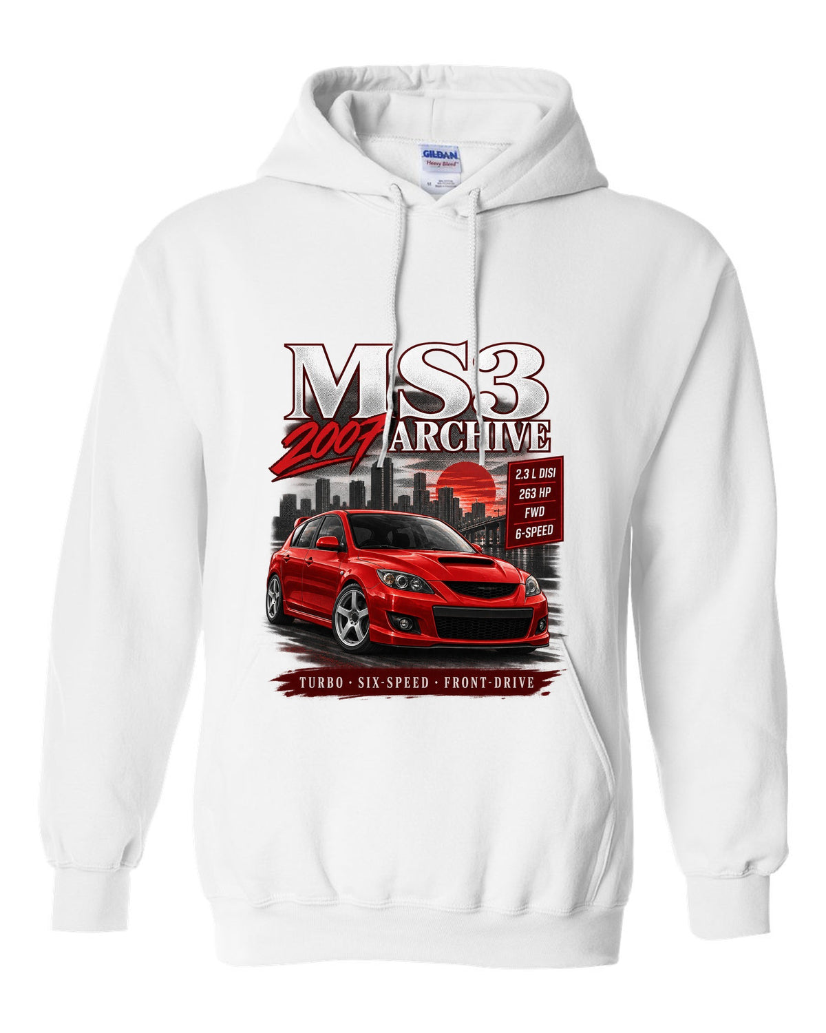 Mazdaspeed3 front three-quarter archive panel with MS3 Archive 2007 heading white pull over hoodie front view with the design