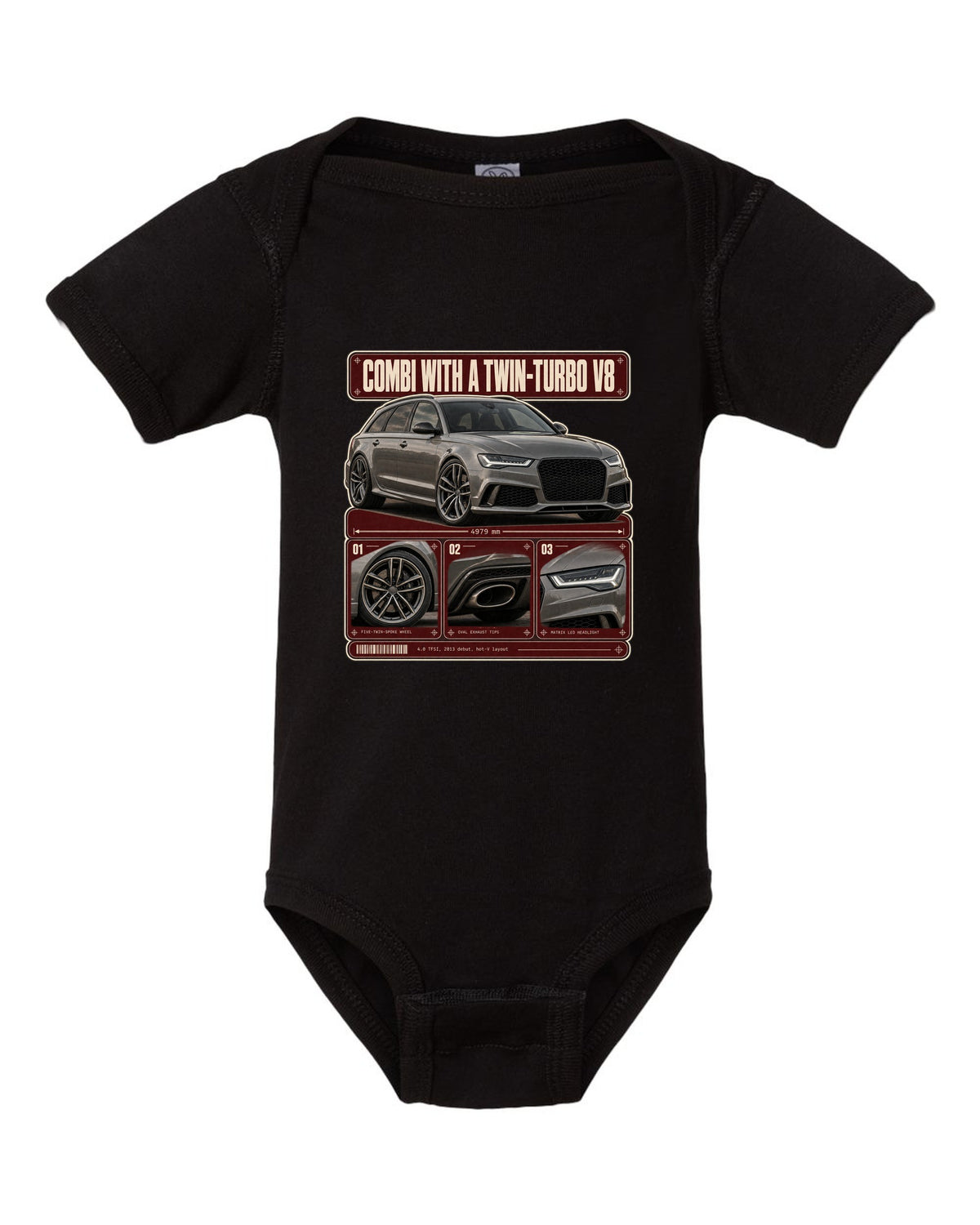 Audi RS6 Avant C7 warm grey dossier panels print black baby onesie front view with the design