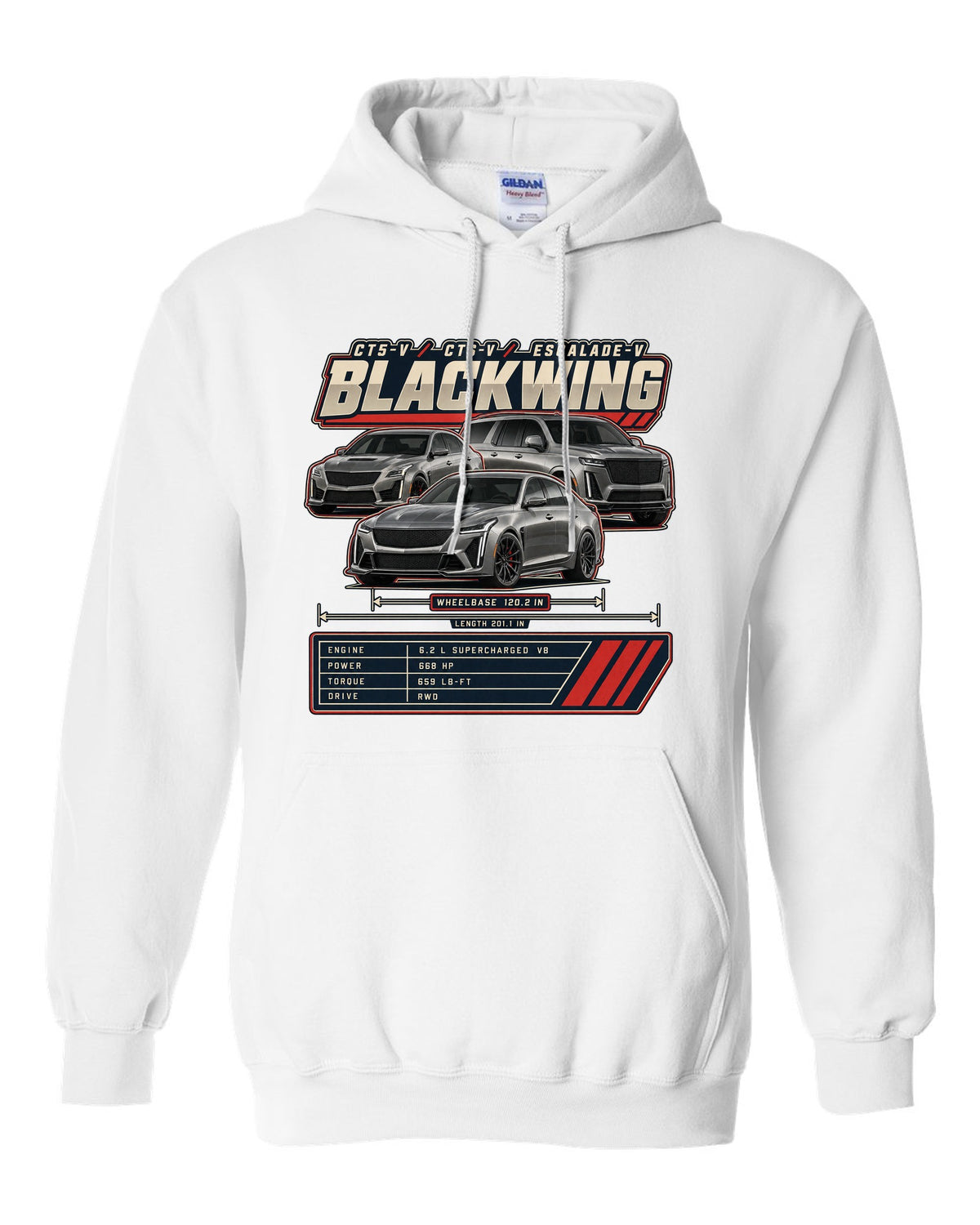 Spec poster print of a Dodge Charger SRT Hellcat Redeye Widebody white pull over hoodie front view with the design