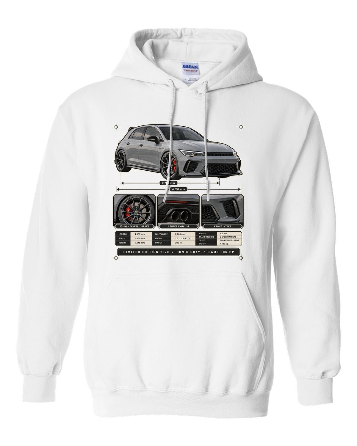 Dossier panel print of a Sonic Gray Pearl Honda Civic Type R FK8 Limited Edition white pull over hoodie front view with the design