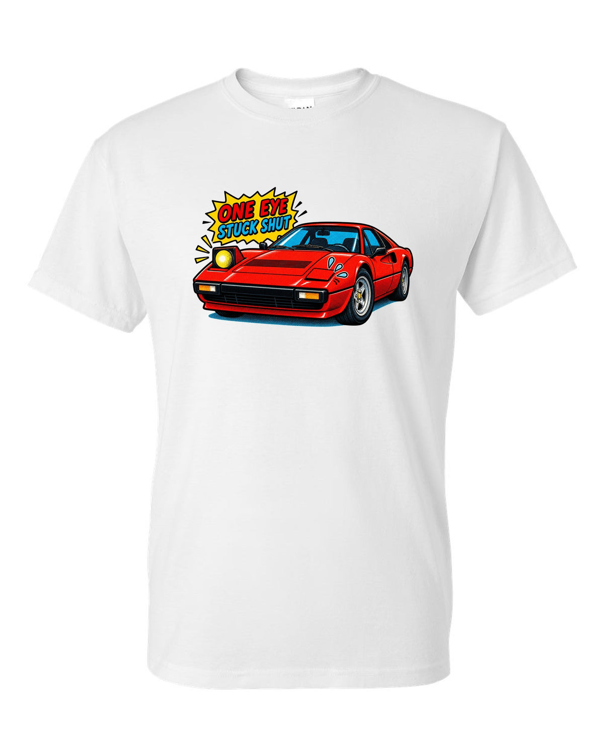 Comic halftone print of a Ferrari 308 GTB with one pop-up headlight stuck shut white t-shirt front view with the design
