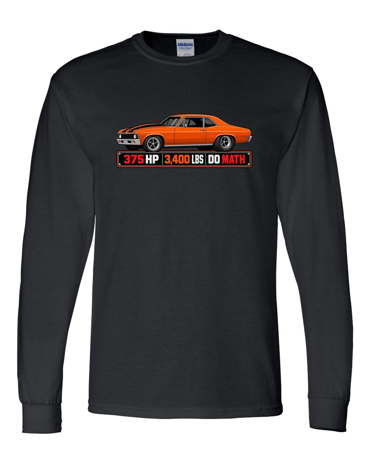 1970 Nova SS 396 in a spec sheet data plate design with text 375 HP 3,400 lbs Do Math black long sleeve front view with the design