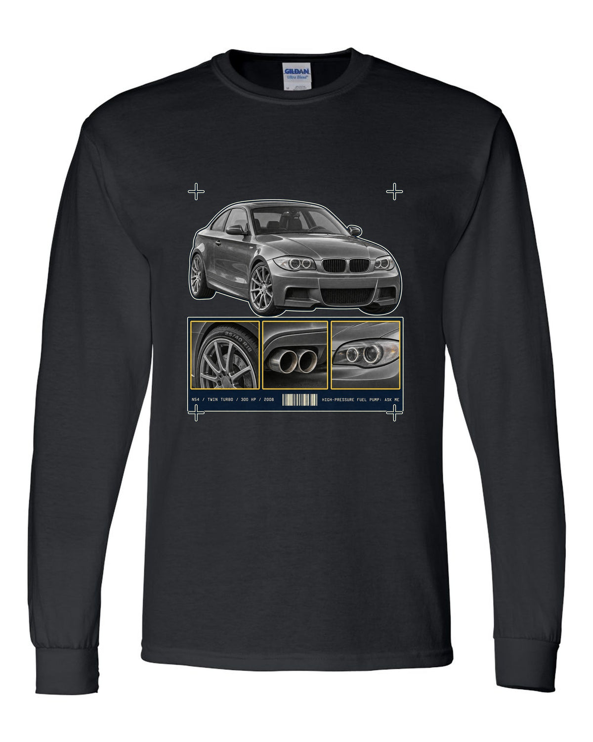 BMW 135i E82 coupe dossier panel print with N54 specs black long sleeve front view with the design