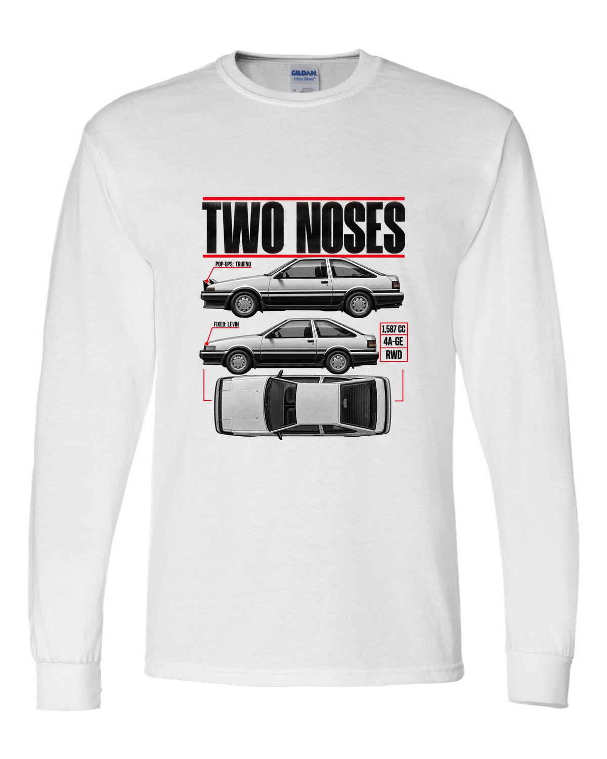 print spec poster of a Toyota AE86 Trueno and Levin in profile with pop-up and fixed headlights white long sleeve front view with the design