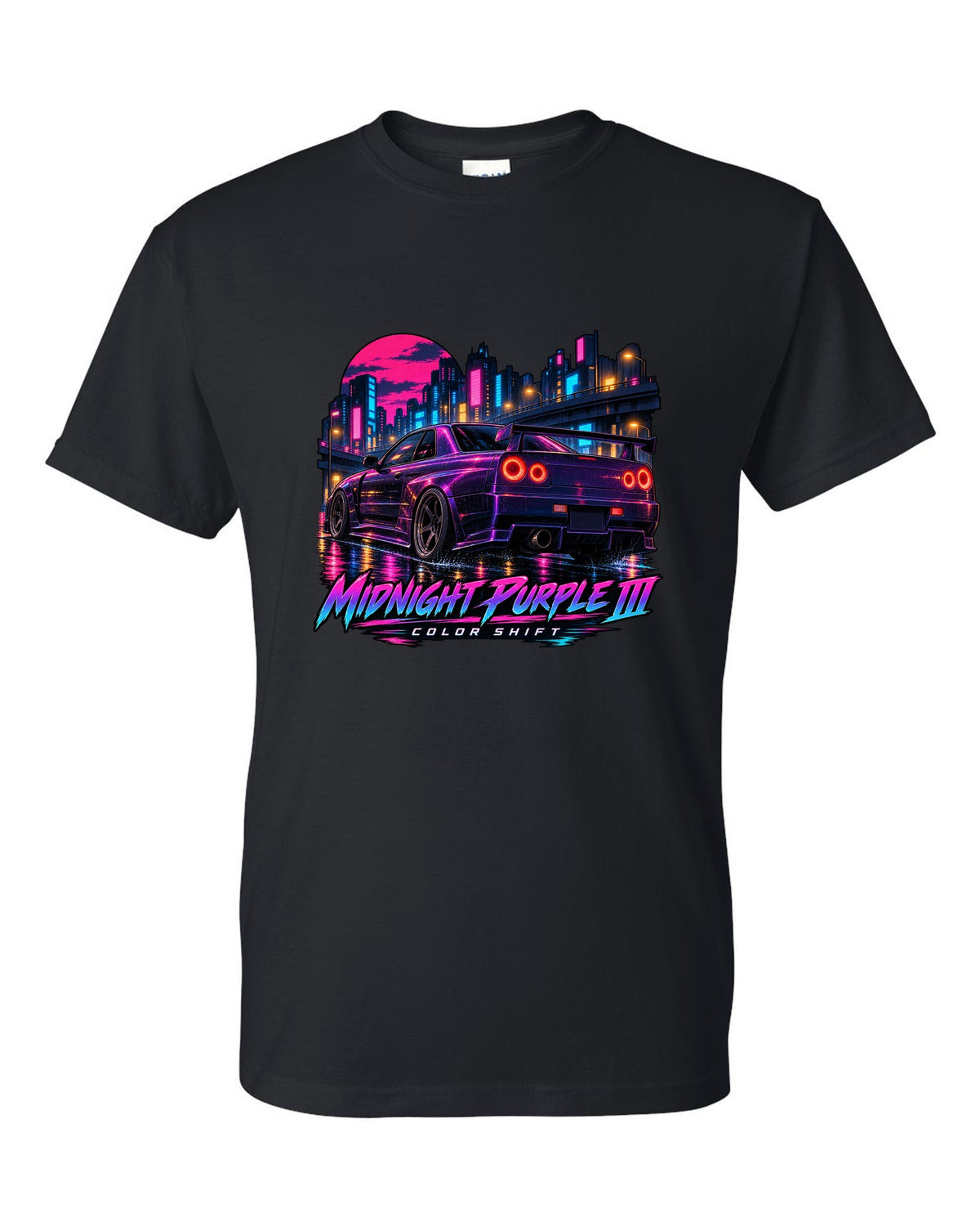Cel-shaded anime night street print of a Midnight Purple III Nissan Skyline GT-R R34 BNR34 black t-shirt front view with the design