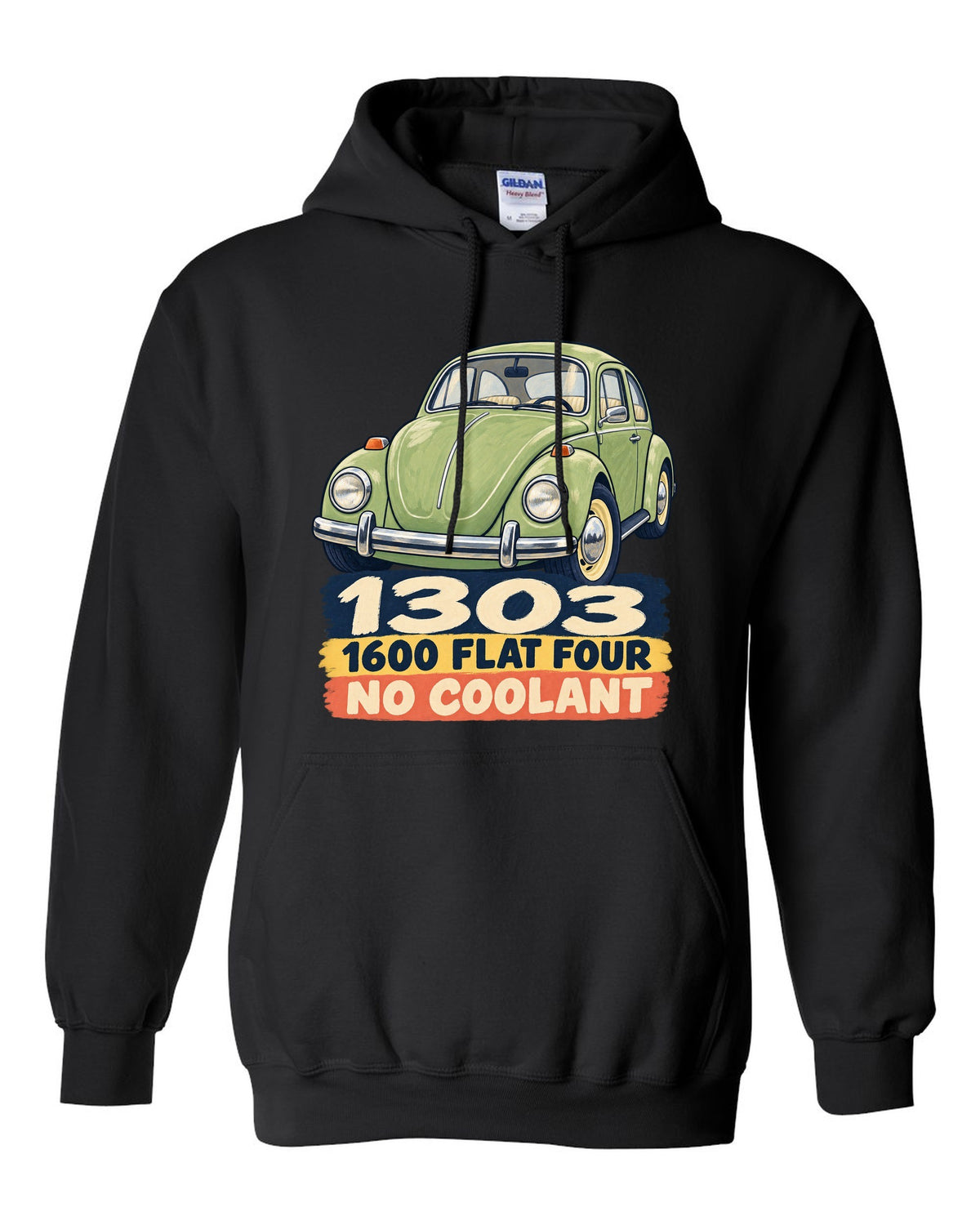 Gouache-style painted flat colour print of a VW Beetle Type 1 1303 with 1600 flat four lettering black pull over hoodie front view with the design