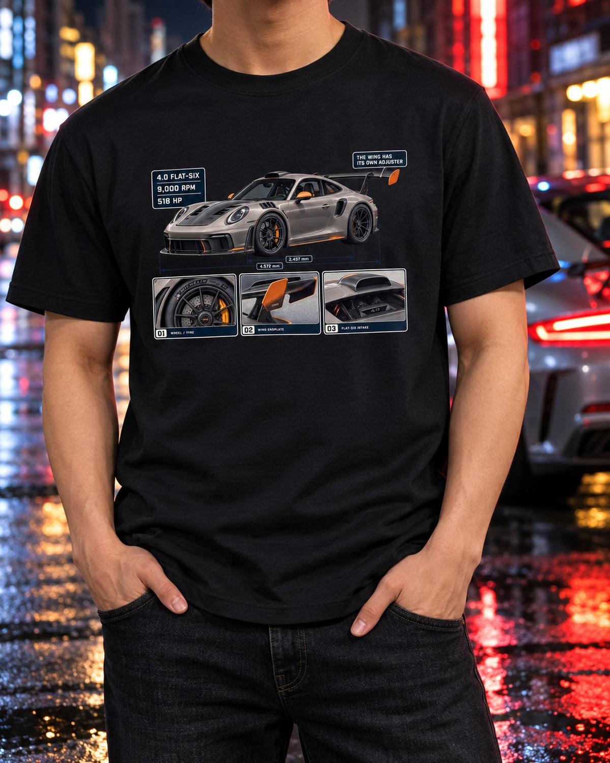 Porsche 911 GT3 RS 992 Dossier Tee, 9,000 RPM Flat-Six Shirt T-Shirt Black worn hero