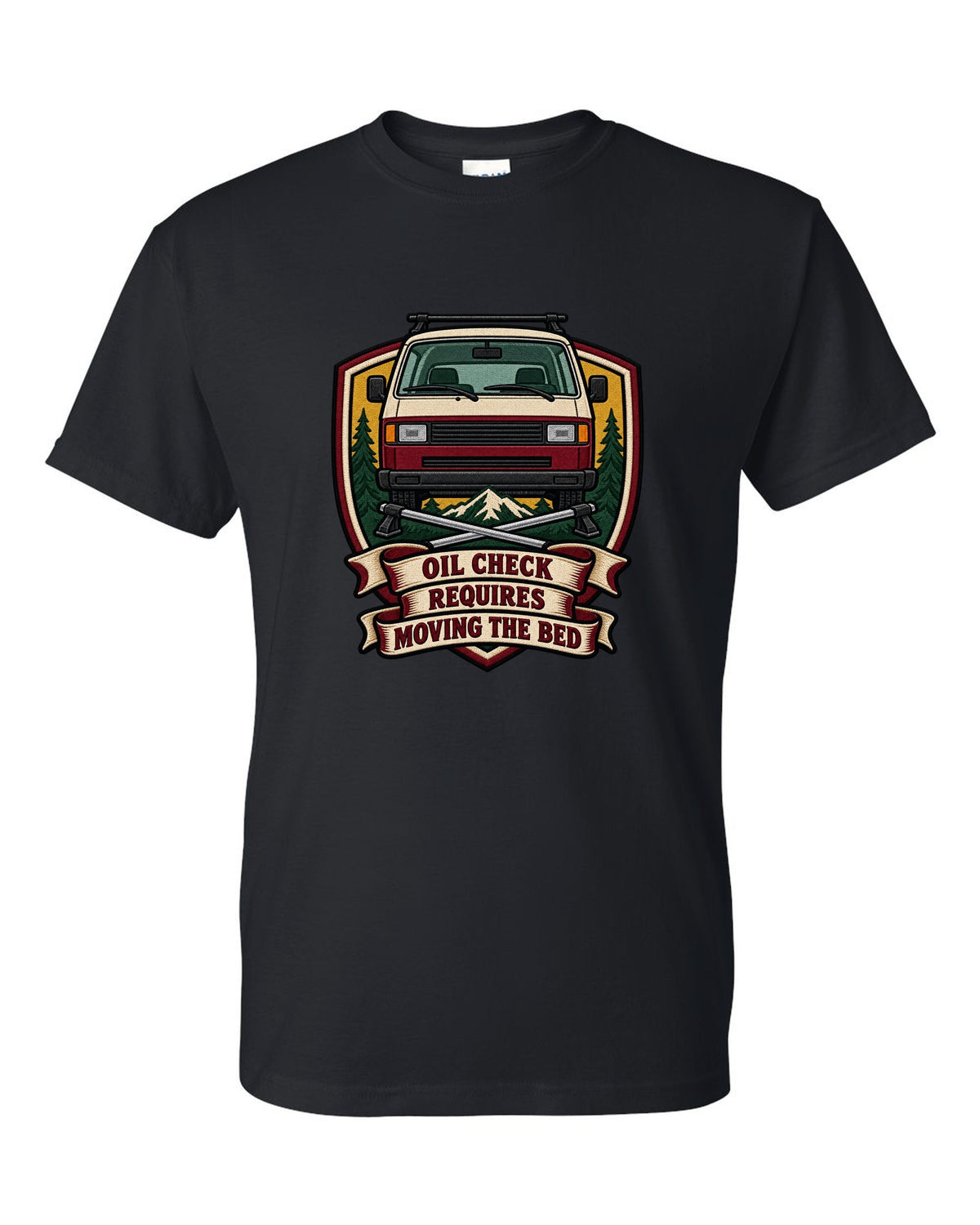 Varsity crest print for a VW T3 Vanagon with oil check requires moving the bed text black t-shirt front view with the design