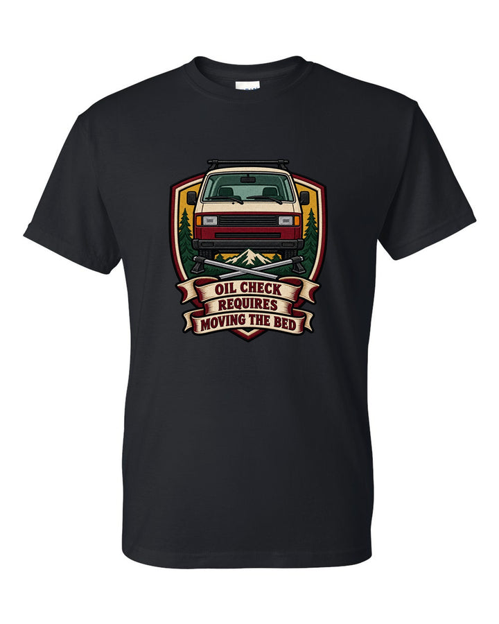 Varsity crest print for a VW T3 Vanagon with oil check requires moving the bed text black t-shirt front view with the design