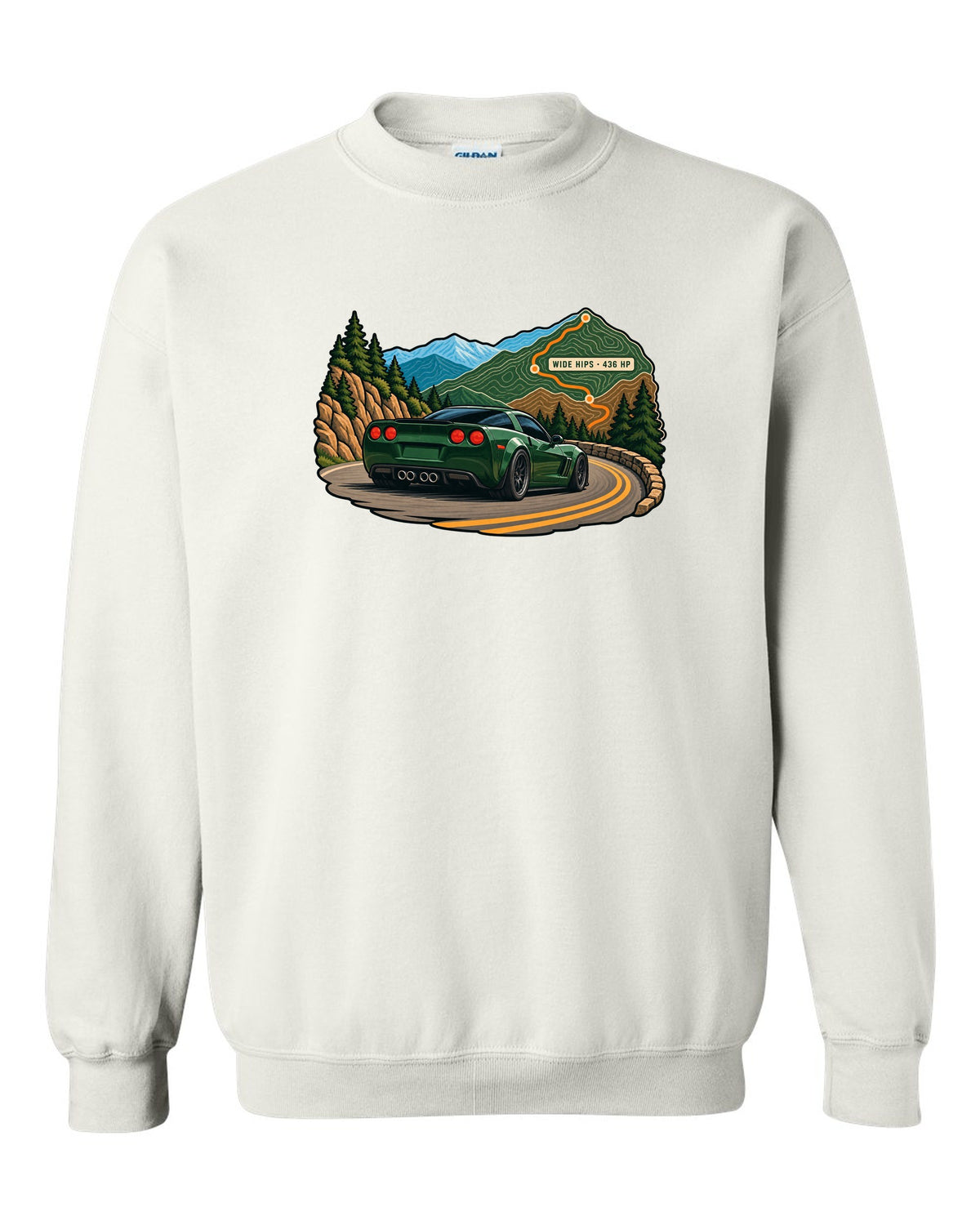 Topographic contour map print of a 2010 Chevrolet Corvette C6 Grand Sport with Wide Hips 436 HP text white crewneck front view with the design