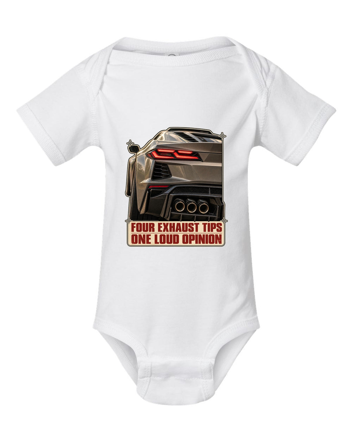 Taillight macro print of a Chevrolet Corvette C8 Z06 with four exhaust tips white baby onesie front view with the design