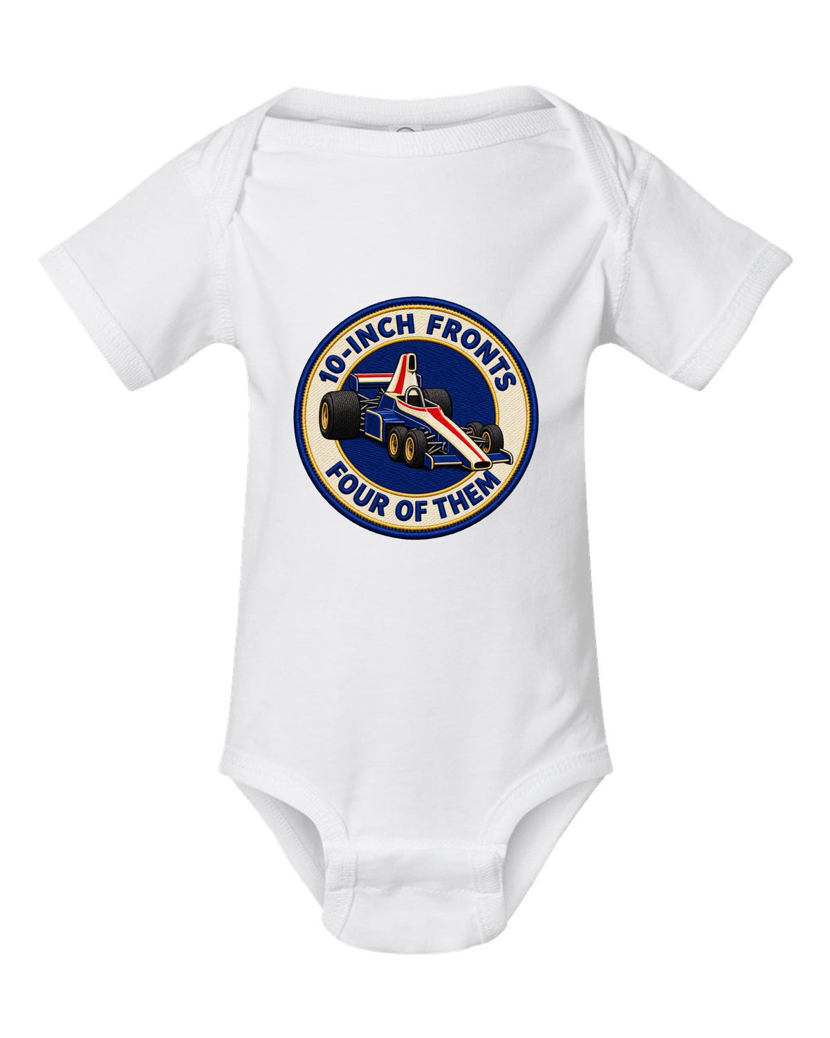 Varsity crest print of the Tyrrell P34 with 10-inch fronts, four of them lettering white baby onesie front view with the design