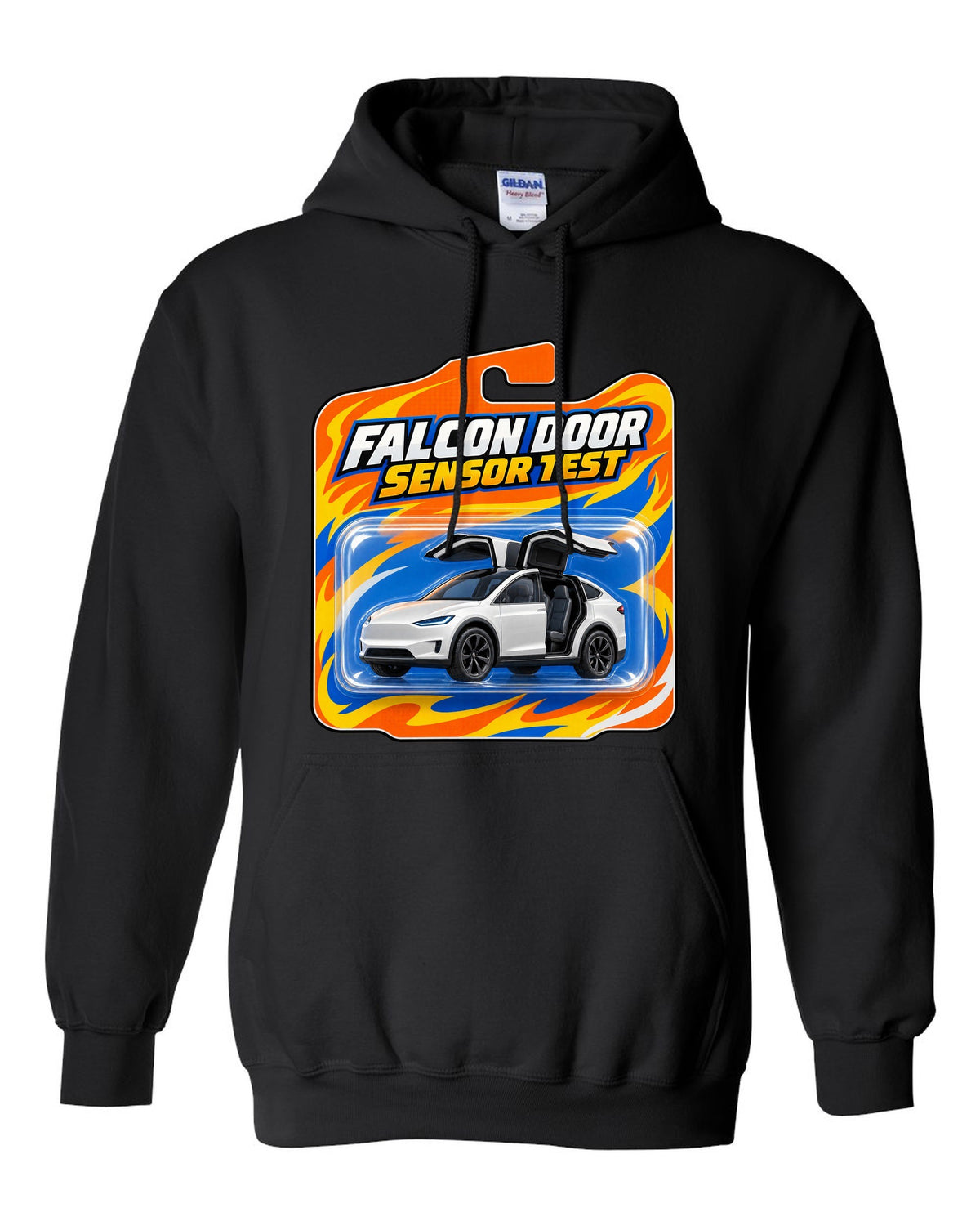 Toy blister card style print of a Tesla Model X reading Falcon Door Sensor Test black pull over hoodie front view with the design
