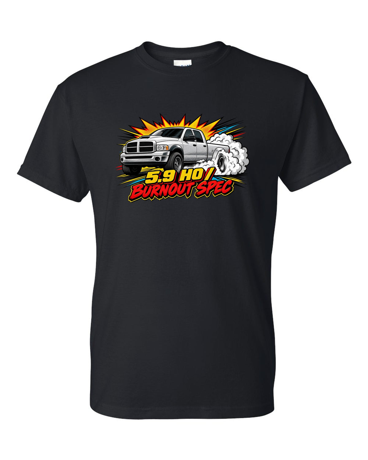 Comic halftone pop-art of a 2003-2009 Dodge Ram 3rd gen 5.9 HO with the words Burnout Spec black t-shirt front view with the design