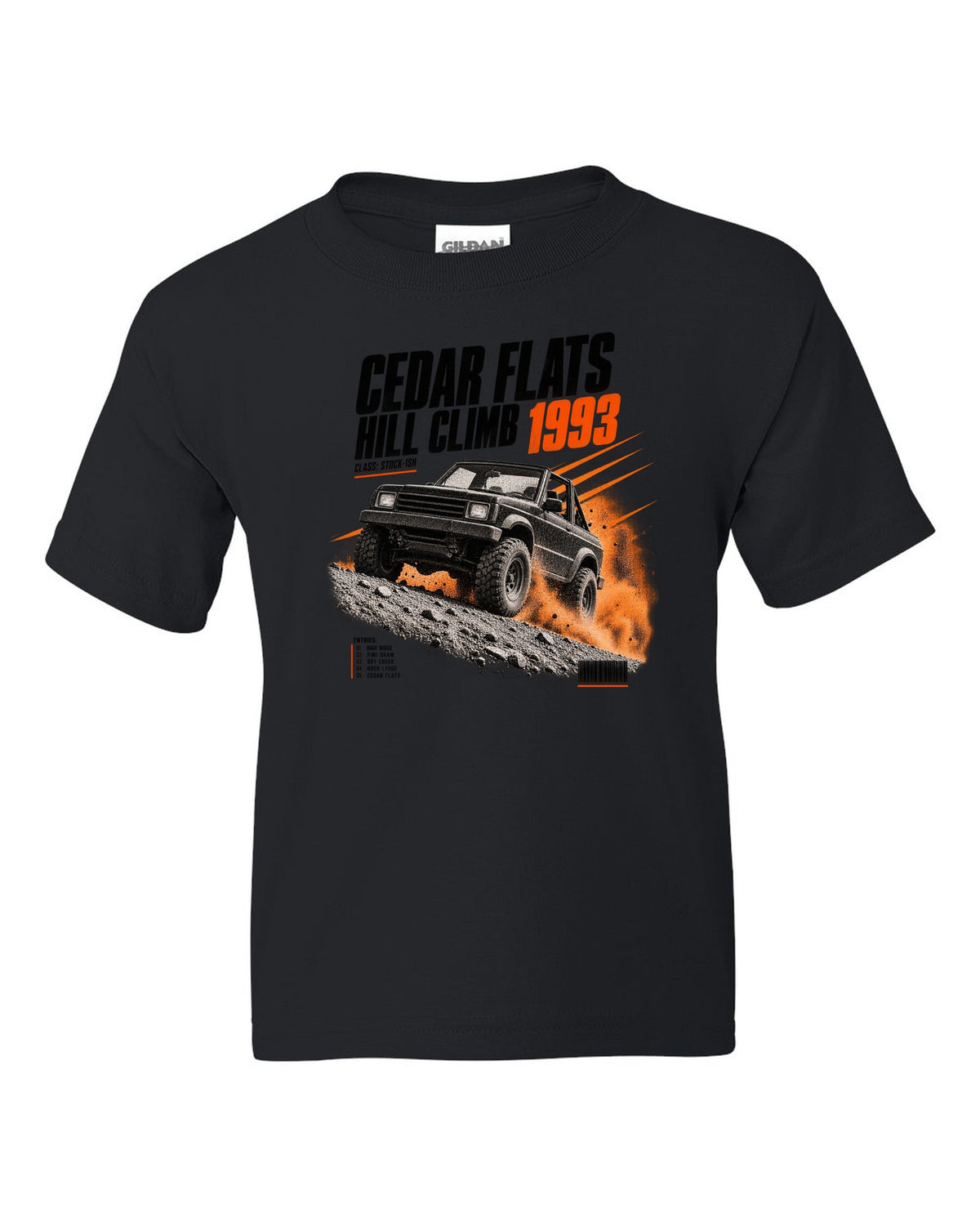 Race poster print for the Jeep Wrangler YJ, Cedar Flats Hill Climb 1993 black kids tee front view with the design