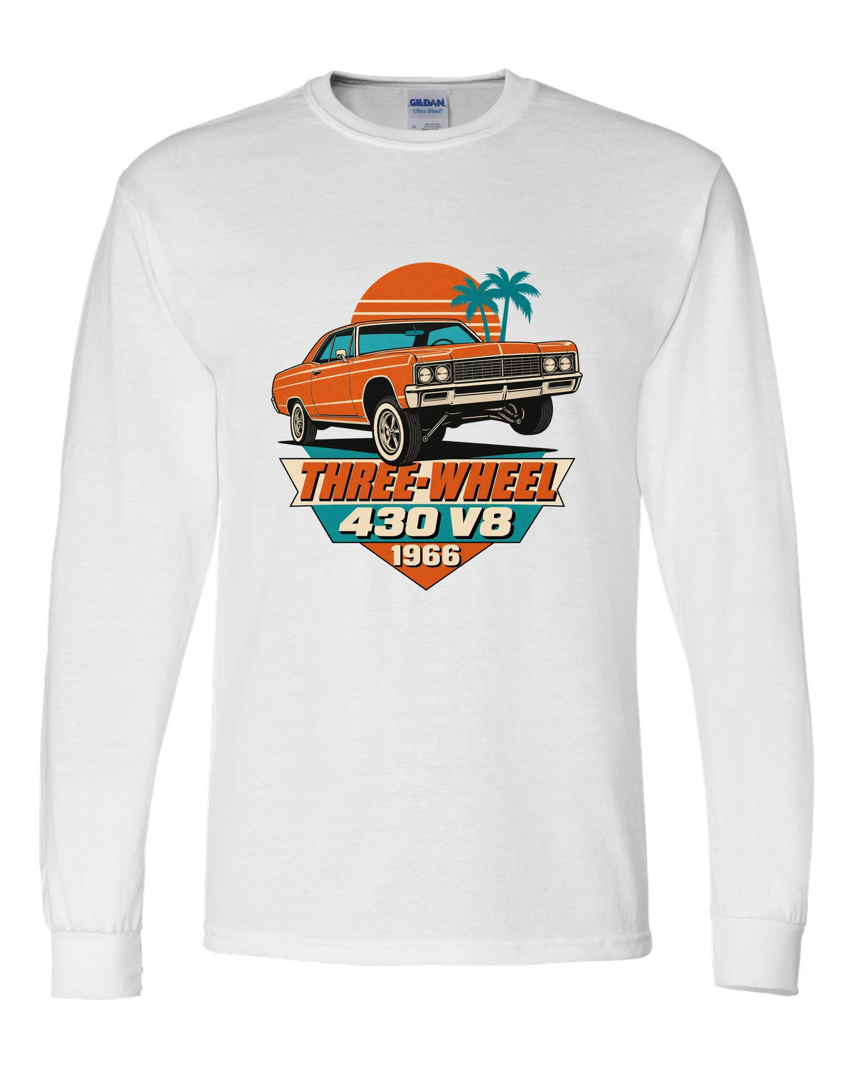 1966 Lincoln Continental lowrider on hydraulics in a 1960s litho poster style white long sleeve front view with the design