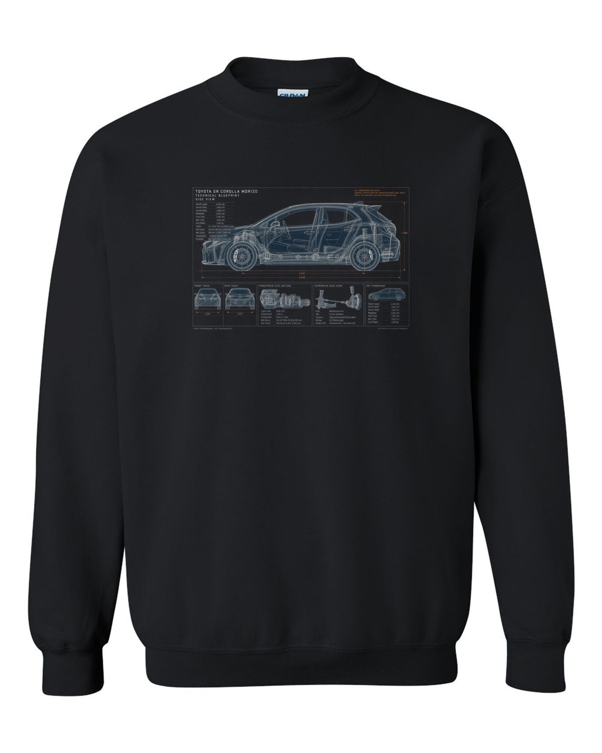 Toyota GR Yaris 2024 facelift front three-quarter with editorial headline black crewneck front view with the design