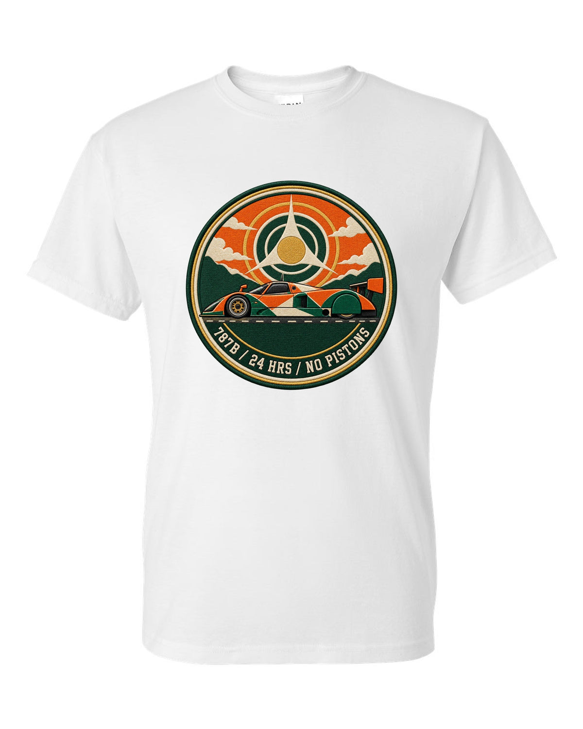 Varsity crest print of the Mazda 787B with 24 hrs and no pistons lettering white t-shirt front view with the design