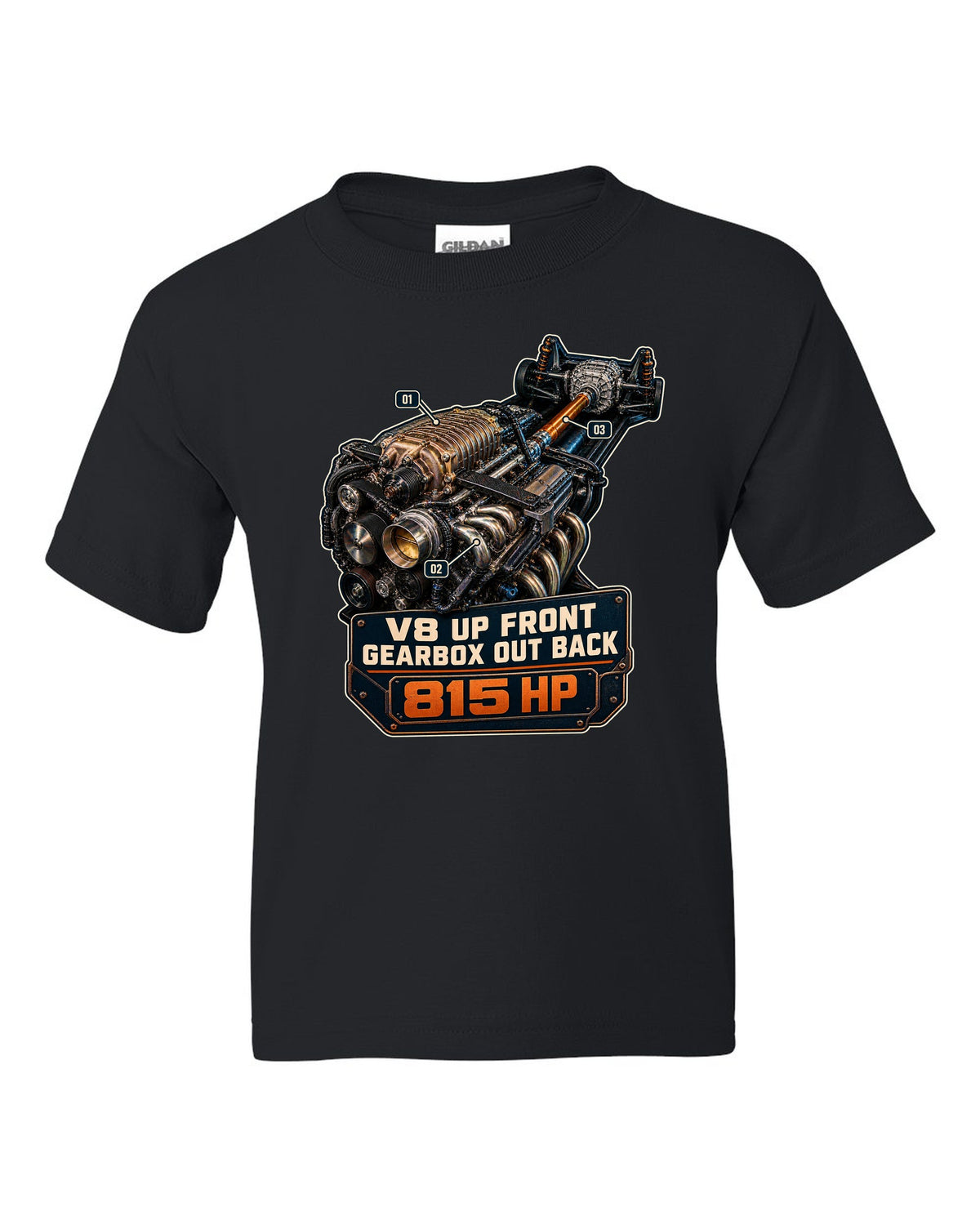 print of a Mustang GTD supercharged V8 engine with V8 up front gearbox out back text black kids tee front view with the design