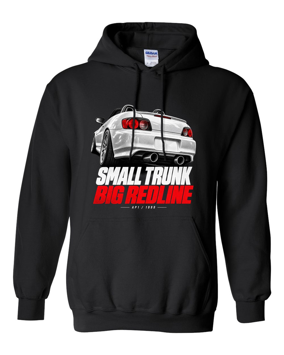 Honda S2000 AP1 roadster taillight detail design with small trunk big redline text black pull over hoodie front view with the design