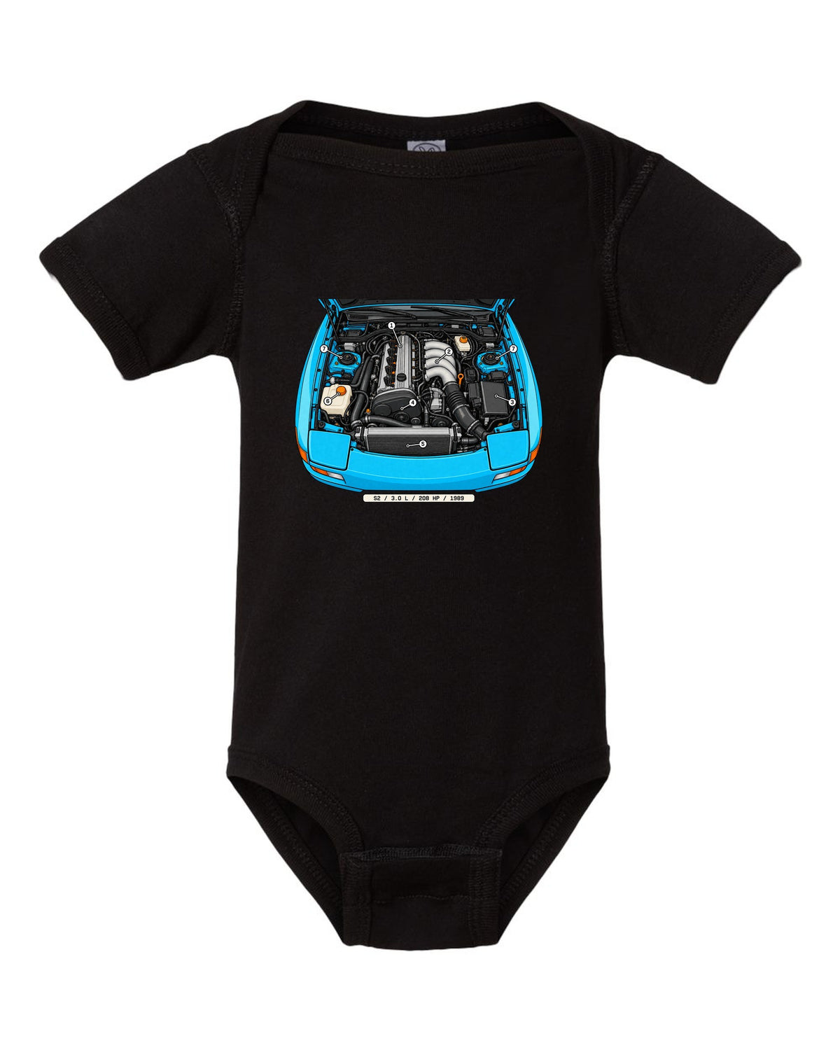Technical callout diagram of the Porsche 944 S2 engine bay black baby onesie front view with the design