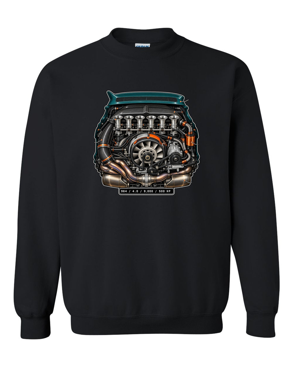 Porsche 911 SC 3.0 embroidery-style crest design reading head stud roulette black crewneck front view with the design