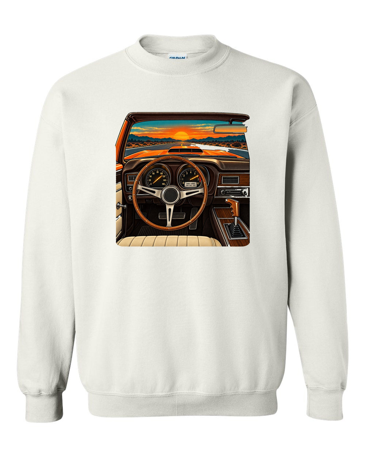 Retro dashboard illustration of a 1971 Dodge Charger Super Bee with six pack carb caption white crewneck front view with the design