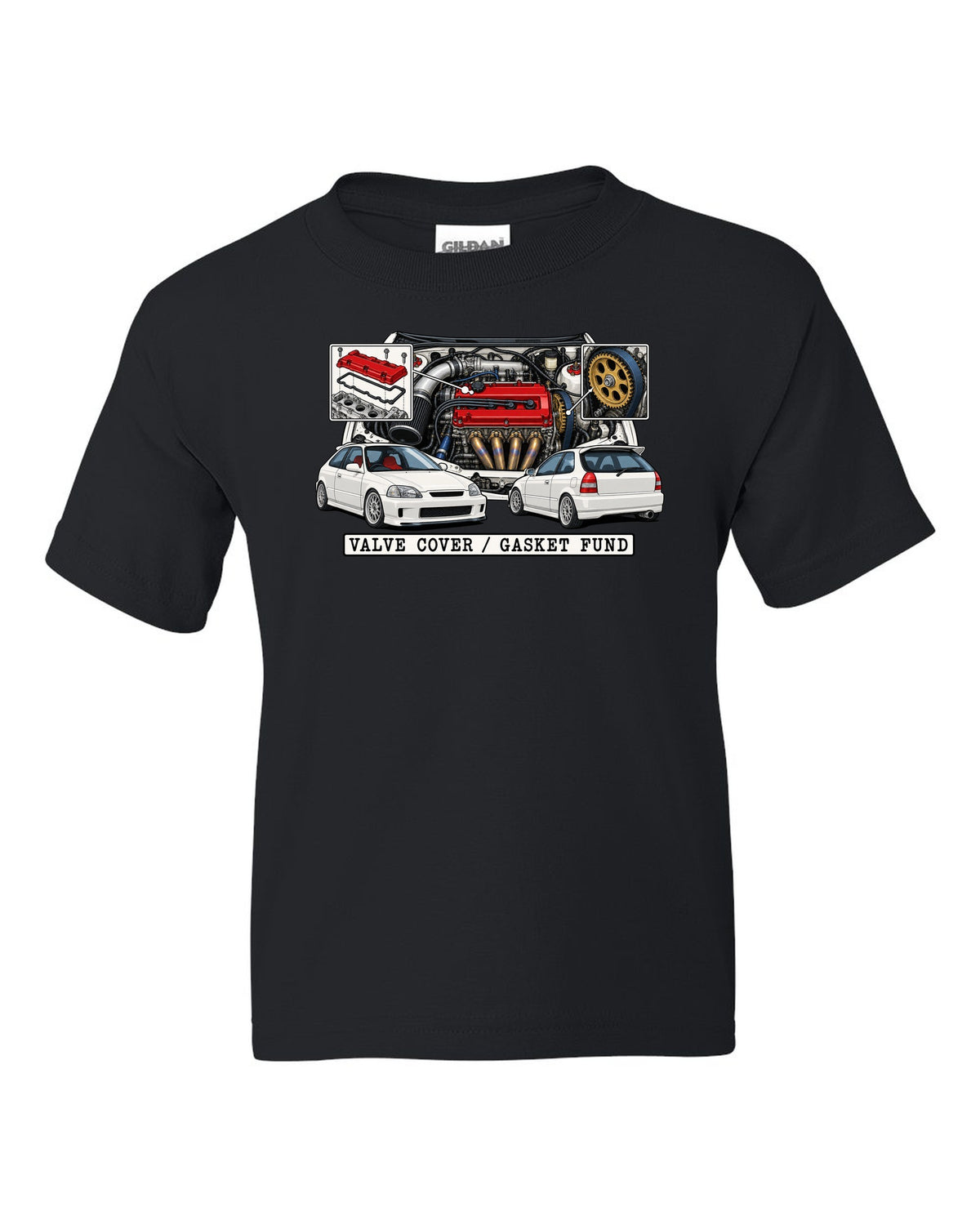 Technical patent drawing print of a 1997 Honda Civic EK9 with Valve Cover Gasket Fund lettering black kids tee front view with the design